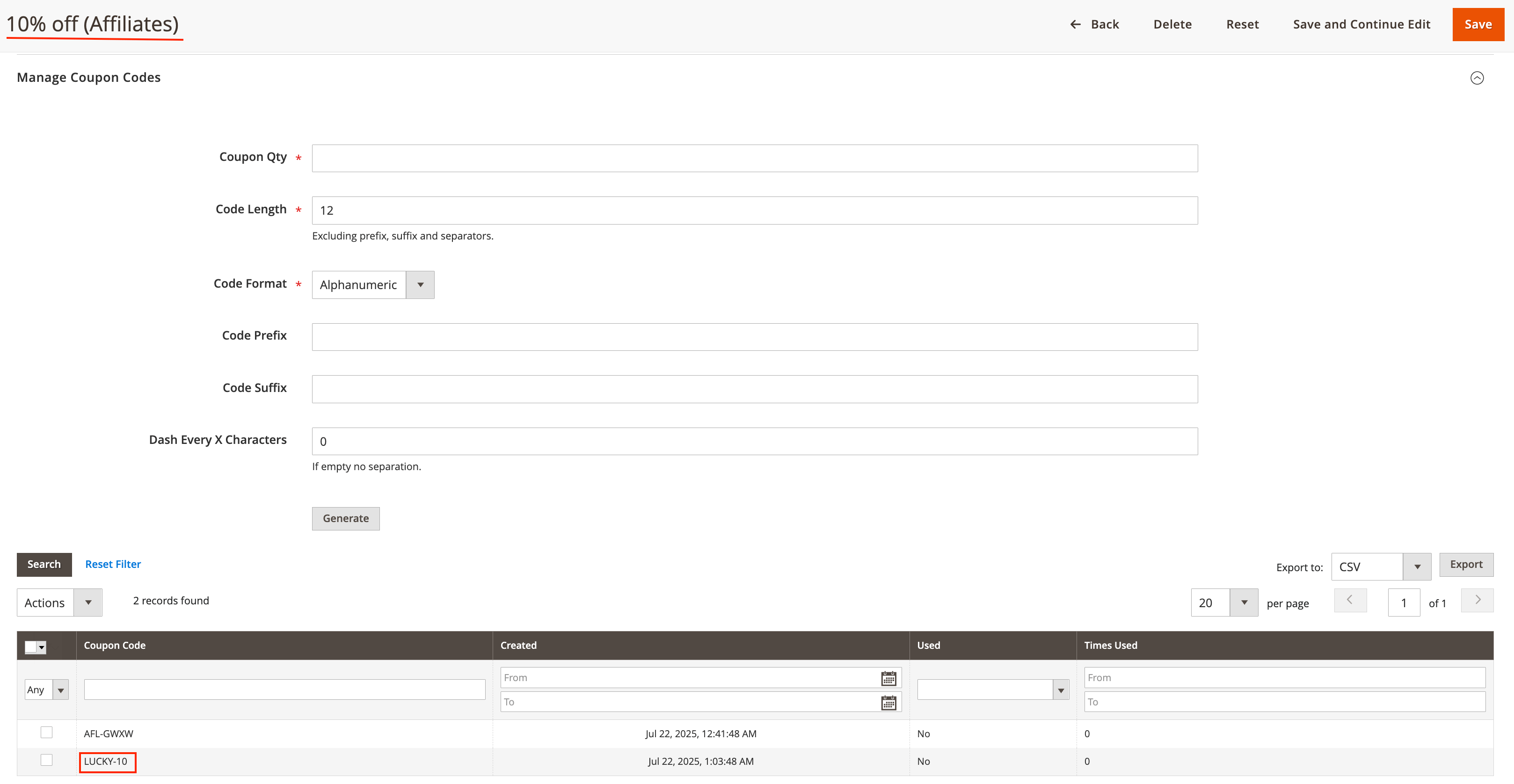 Manage Coupon Codes