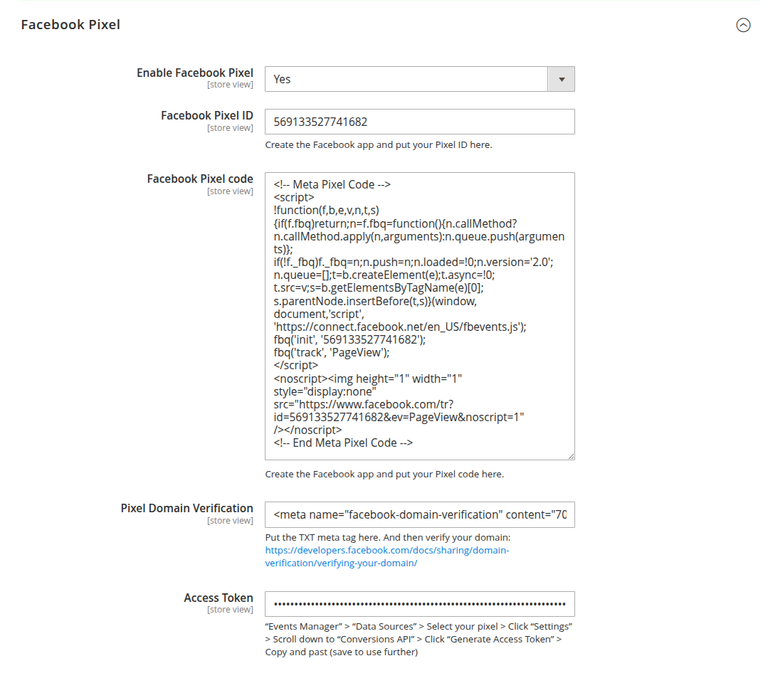 Facebook pixel settings