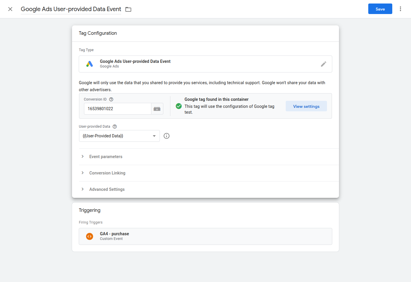 User provided data event tag
