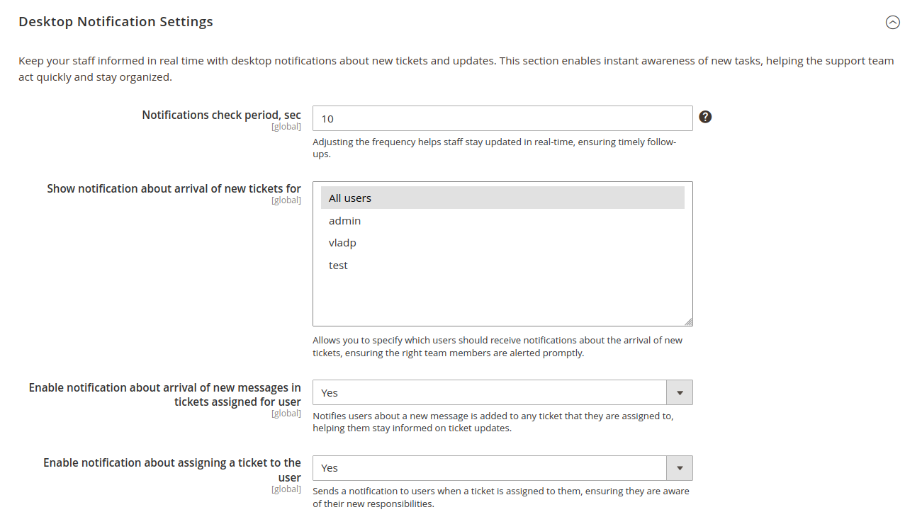 Desktop notification settings