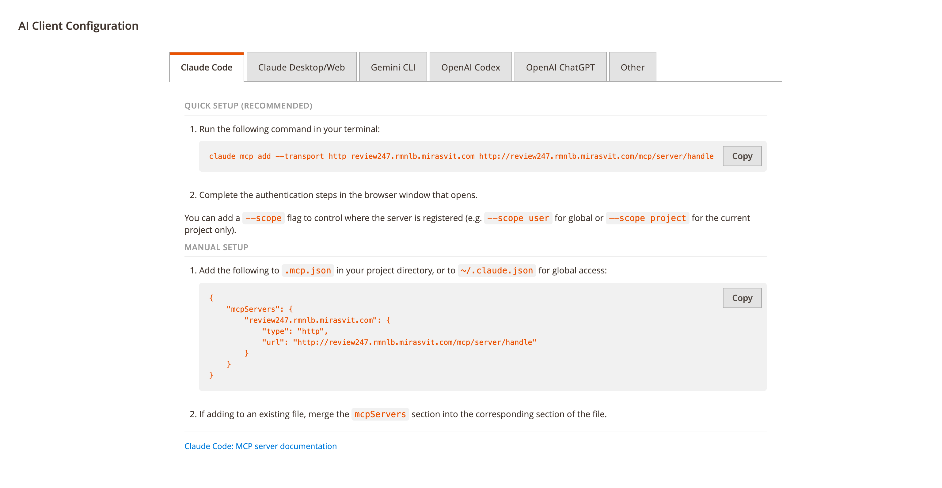 AI Client Configuration — Claude Code tab
