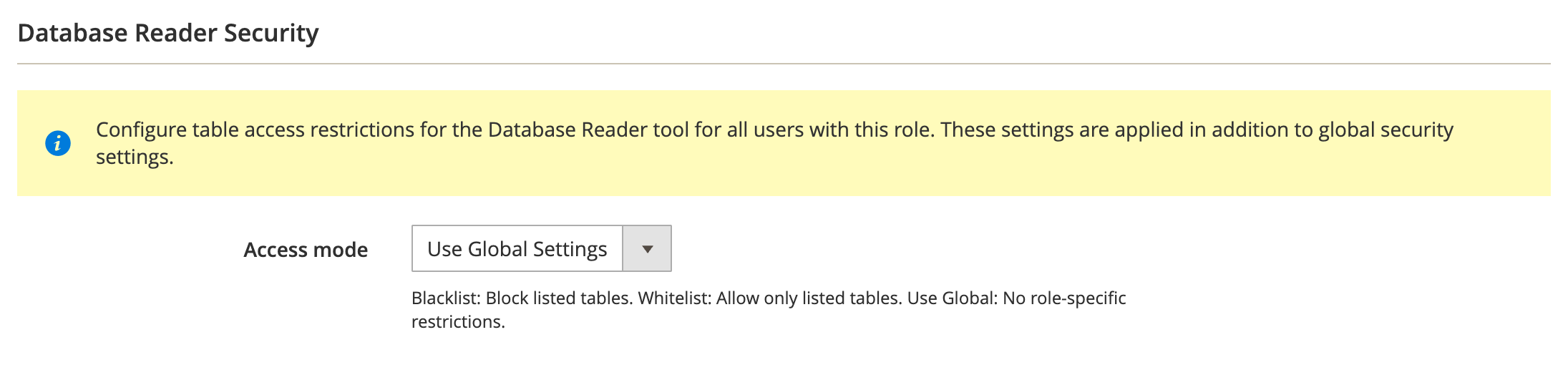 Database Reader Security on the MCP Info tab