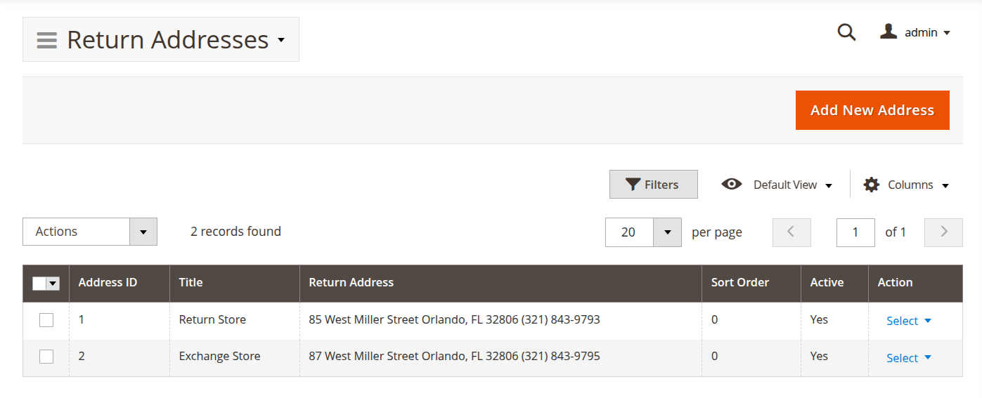 Return Addresses grid