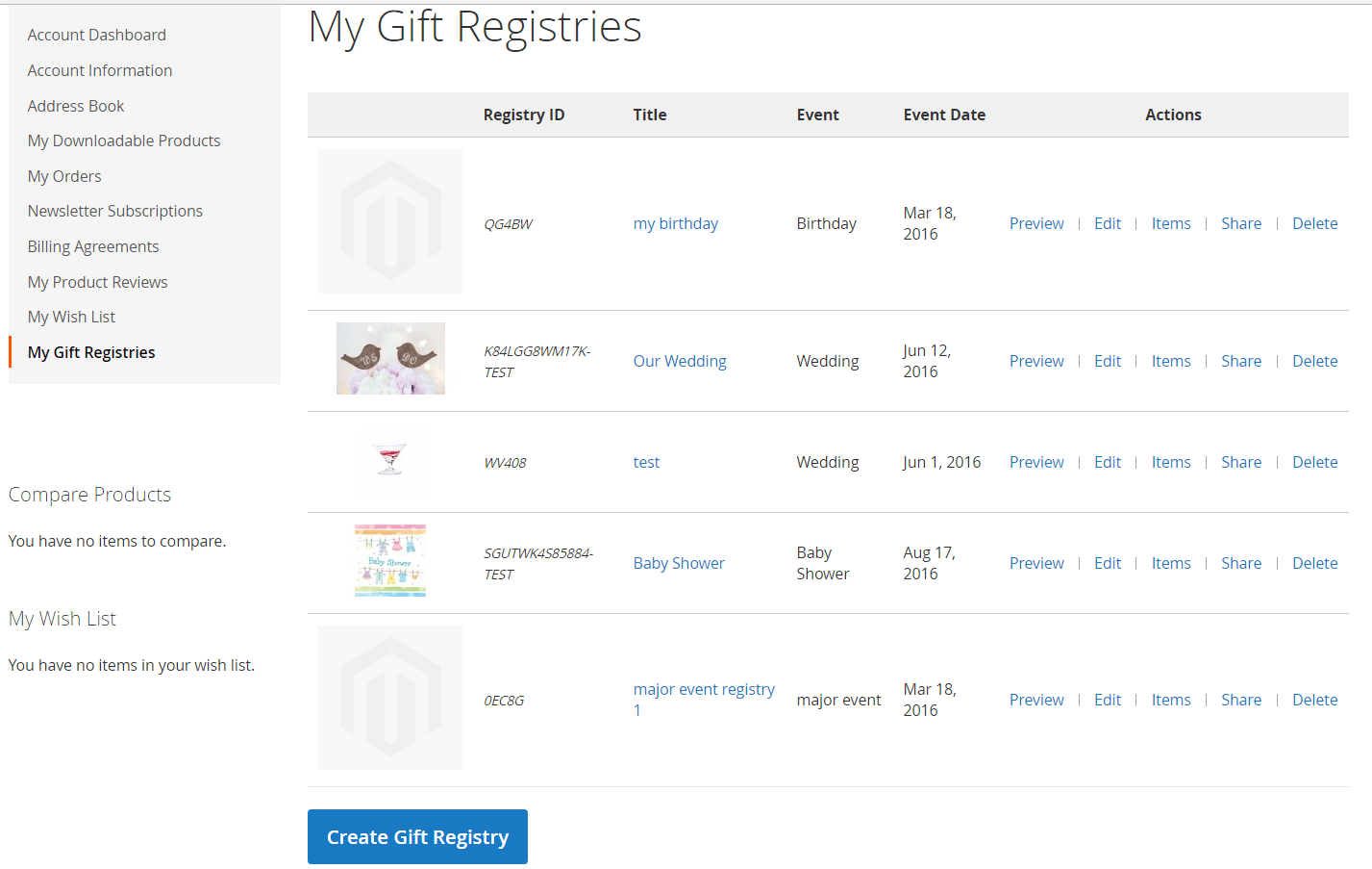 Customer Interface of Gift Registry Extension