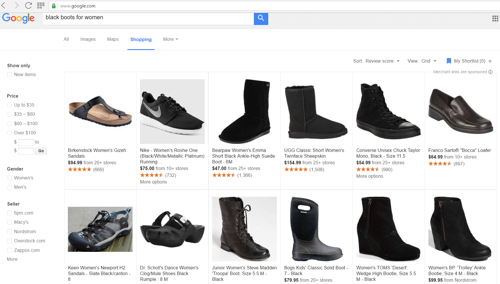 Google Shopping search results grid
