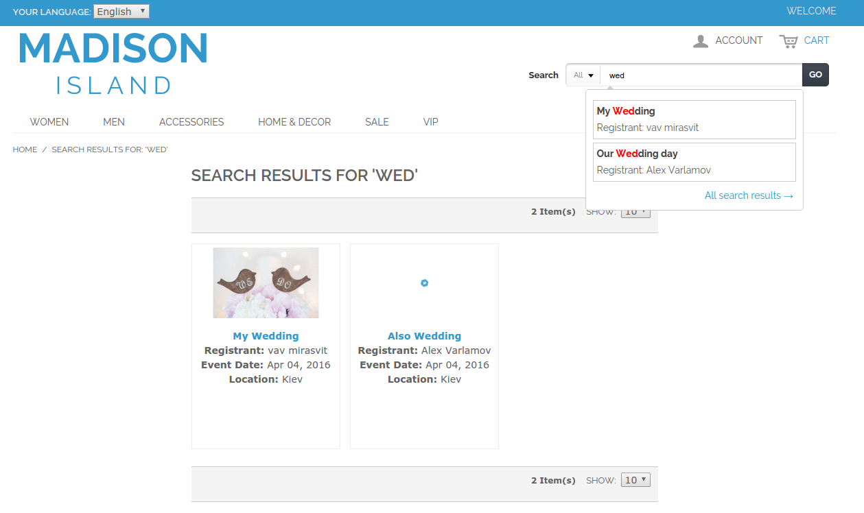 Search Sphinx Update: Gift registry results