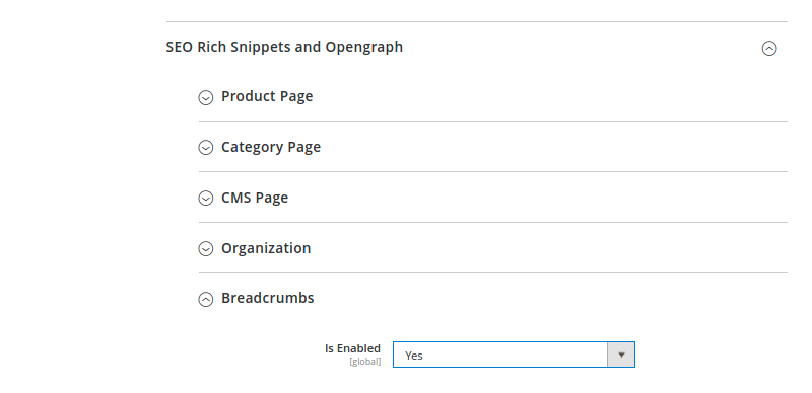 Breadcrumb toggle for rich snippets in Mirasvit Advanced SEO Suite