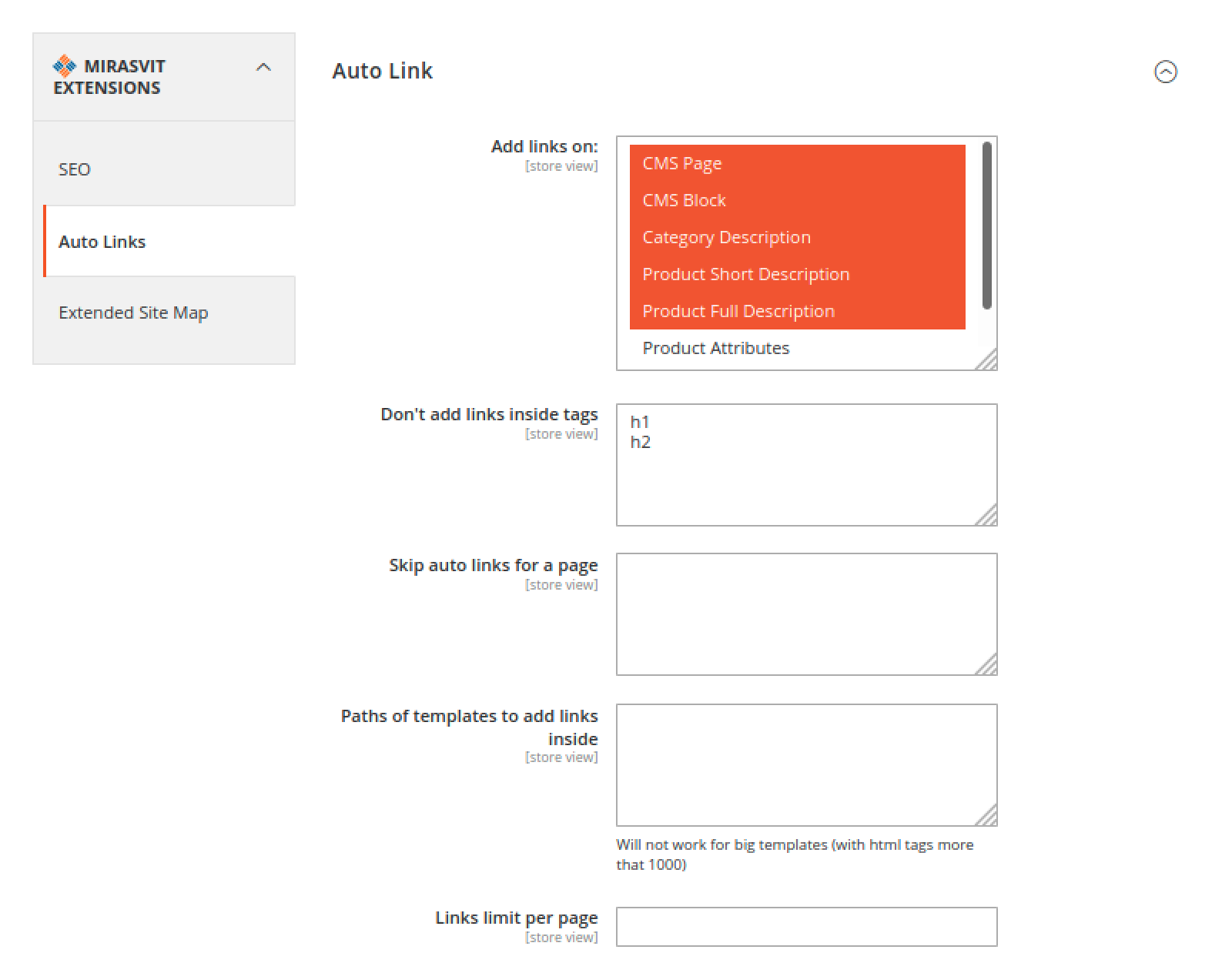 Auto Links tab in Mirasvit Advanced SEO Suite's Configuration menu