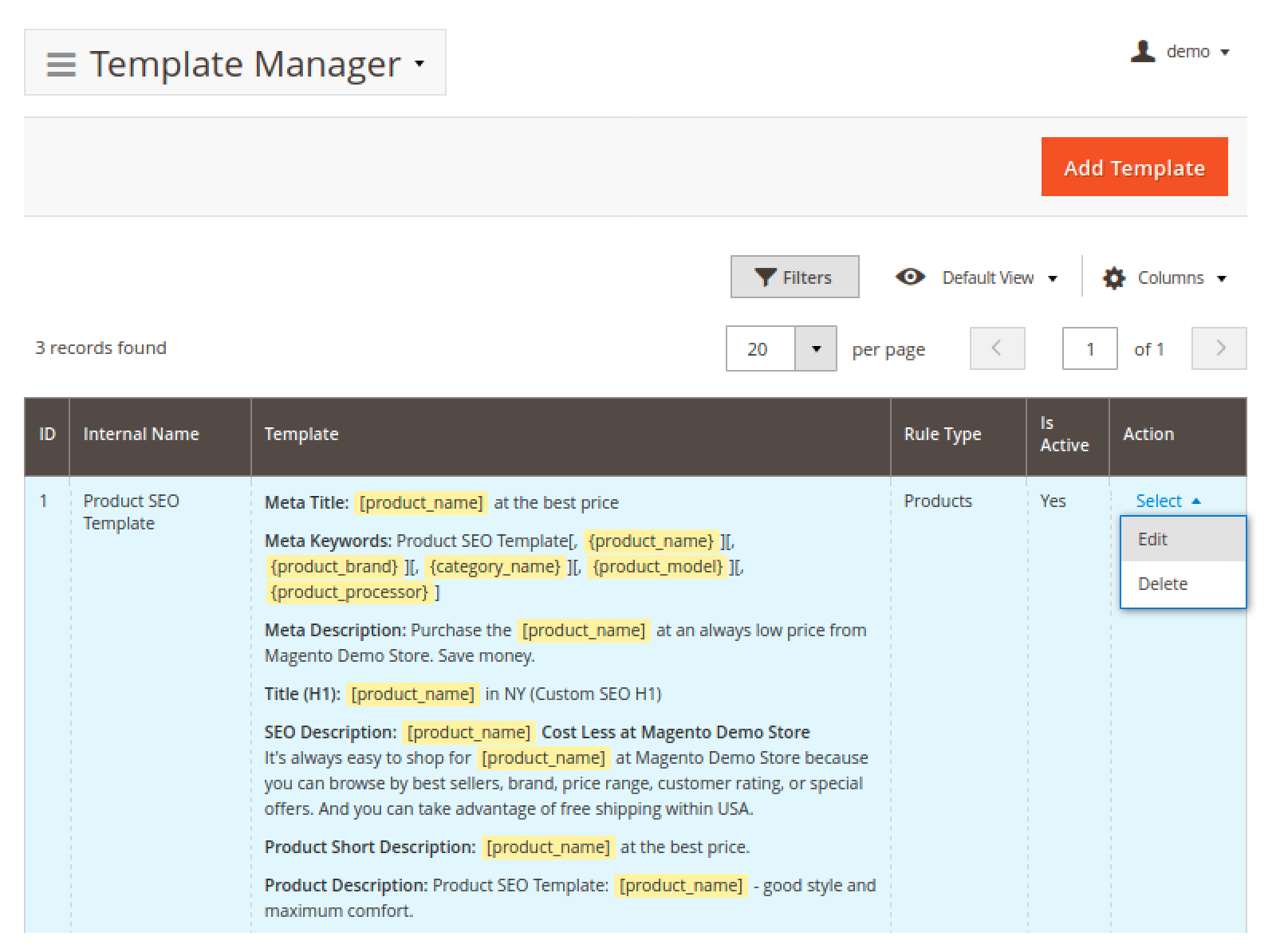 Mirasvit Advanced SEO Suite's Template Manager page