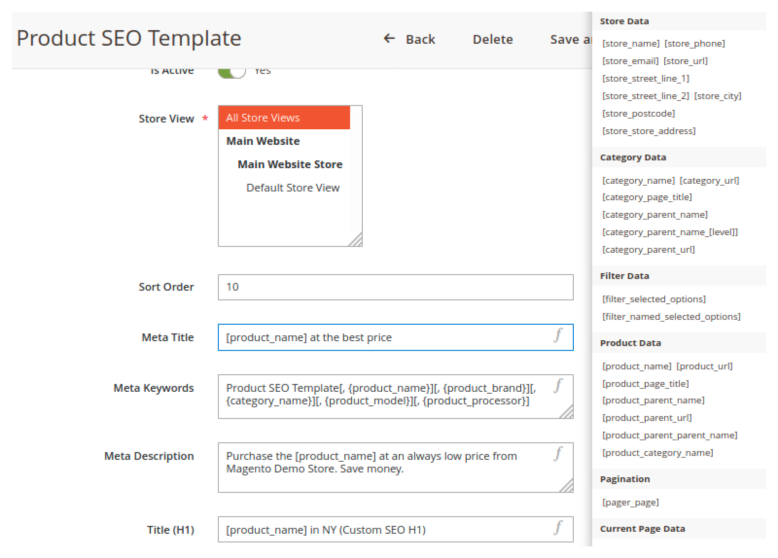 Template variables in Mirasvit Advanced SEO Suite