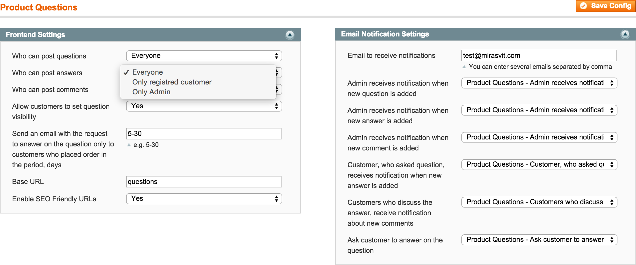 Product Questions Backend - General Configuration