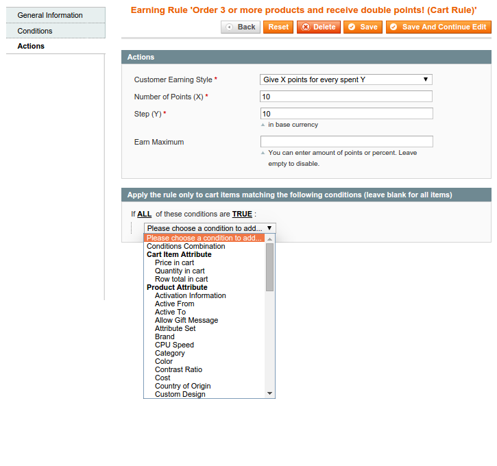 Backend - Edit Earning Rule - Actions (Cart Rule)