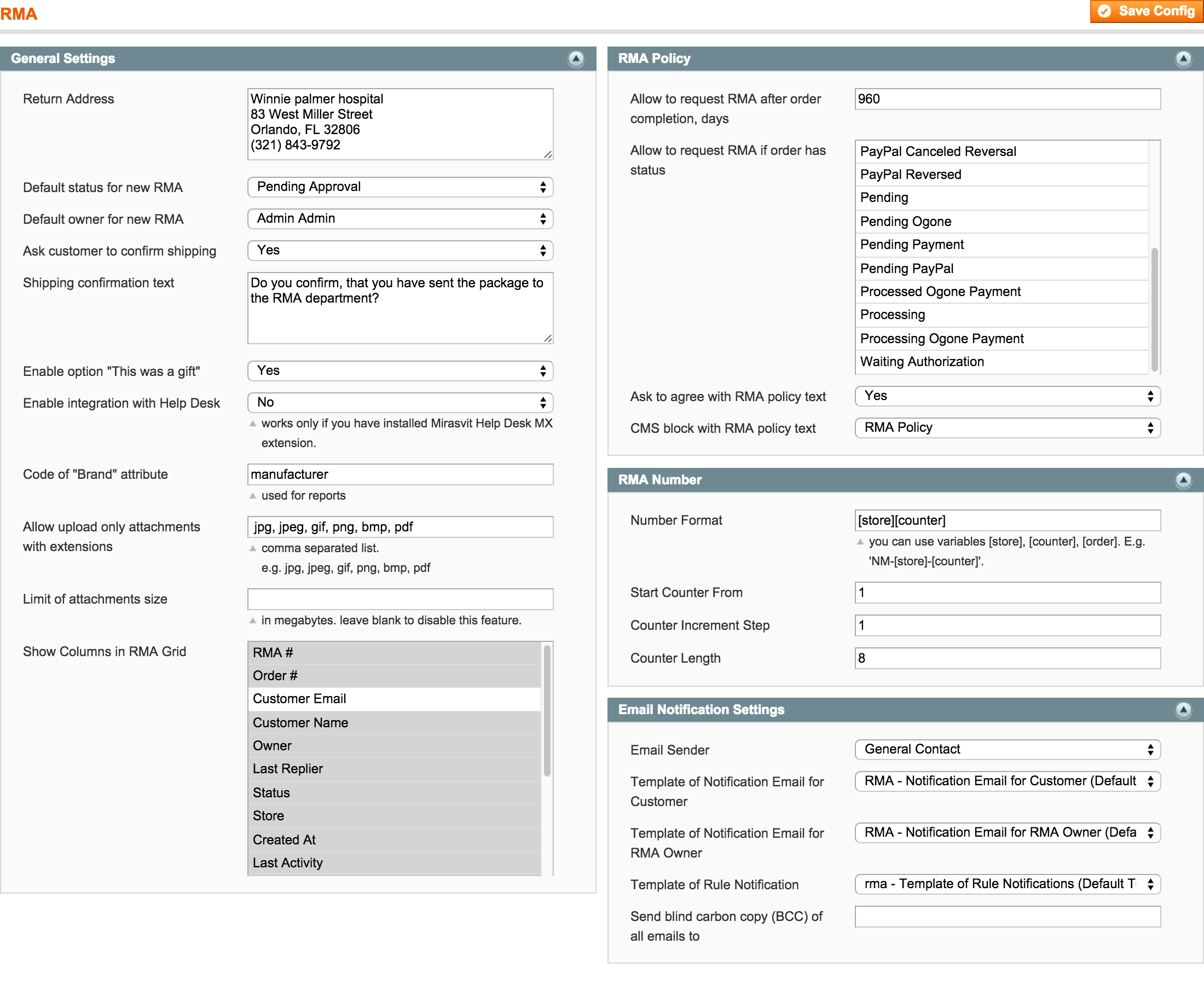 RMA Backend - General Configuration