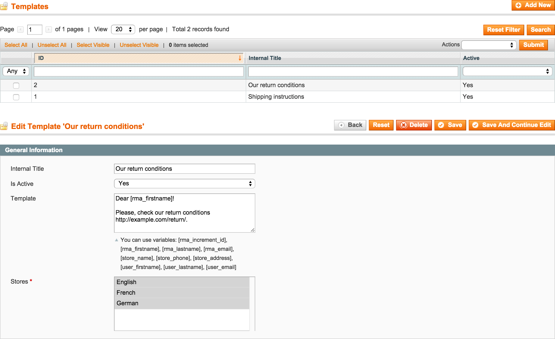 RMA Backend - Dictionary - Quick Responses
