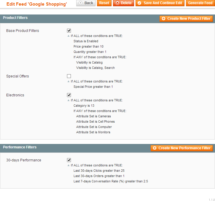Feed: Product and Performance Filters