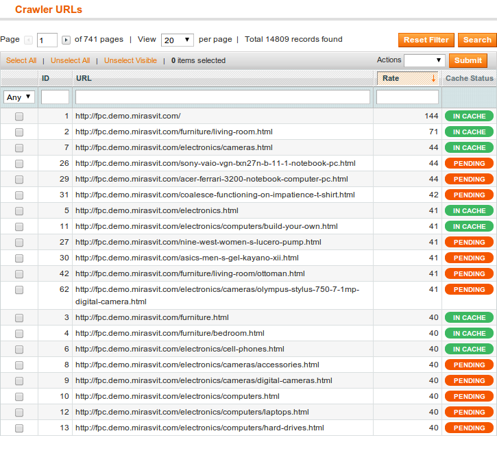 Full Page Cache Crawler URLs