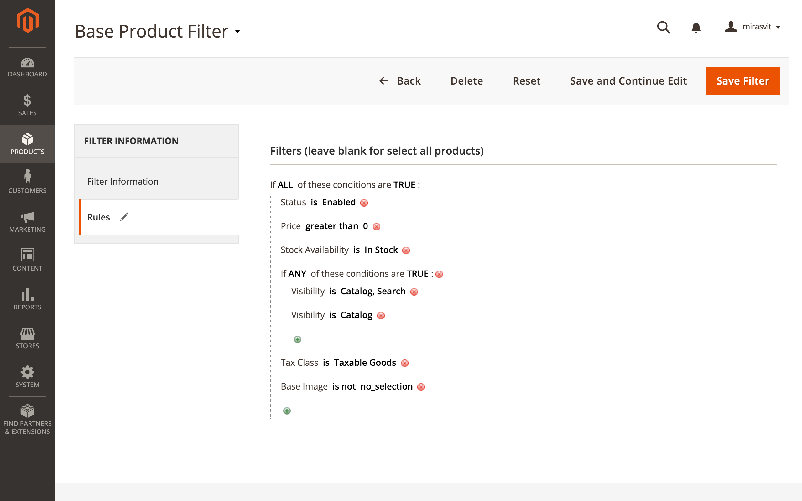 Product filters in Mirasvit Advanced Product Feeds Magento 2 module