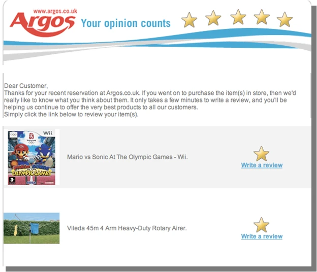 Image 4.2. Argos asks a customer for a review (by bazaarvoice.com)