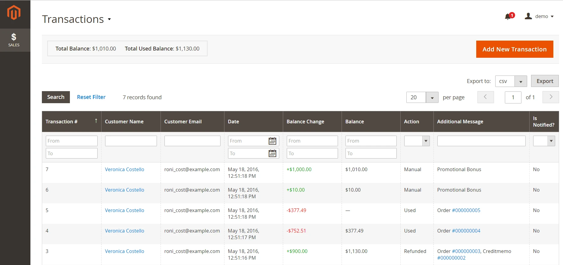 Image 3. Transaction Export feature in Store Credit & Refund for M2.