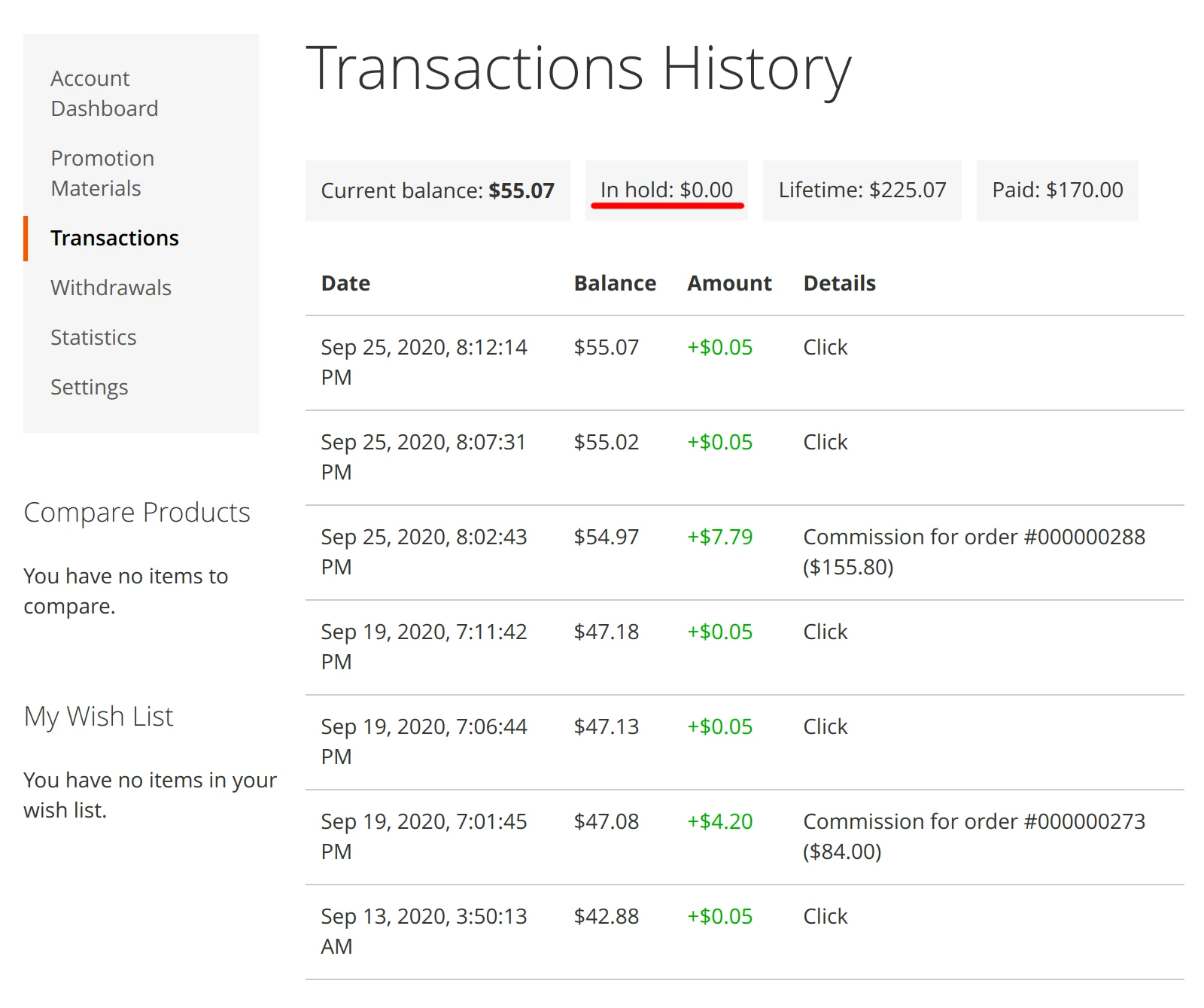 Commissions in hold period shown in Mirasvit Affiliate module's frontend Transaction History tab