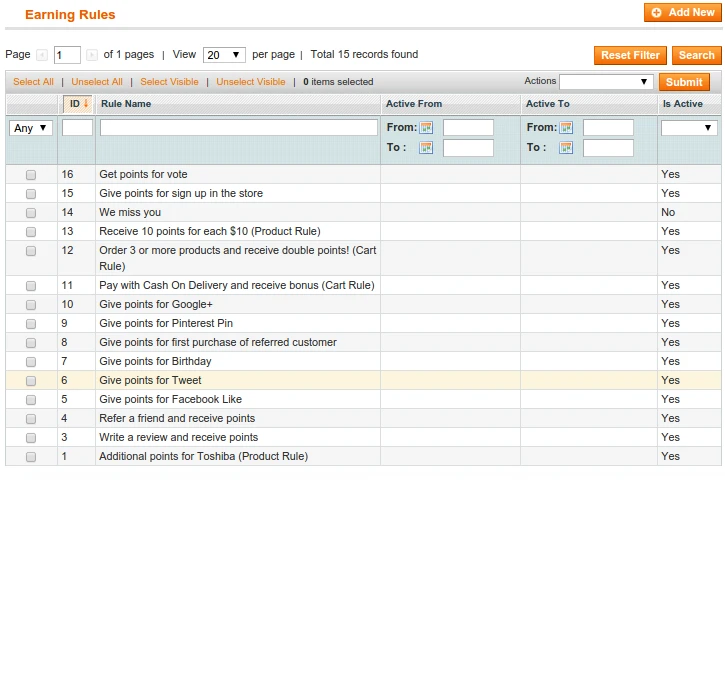 Earning Rules List