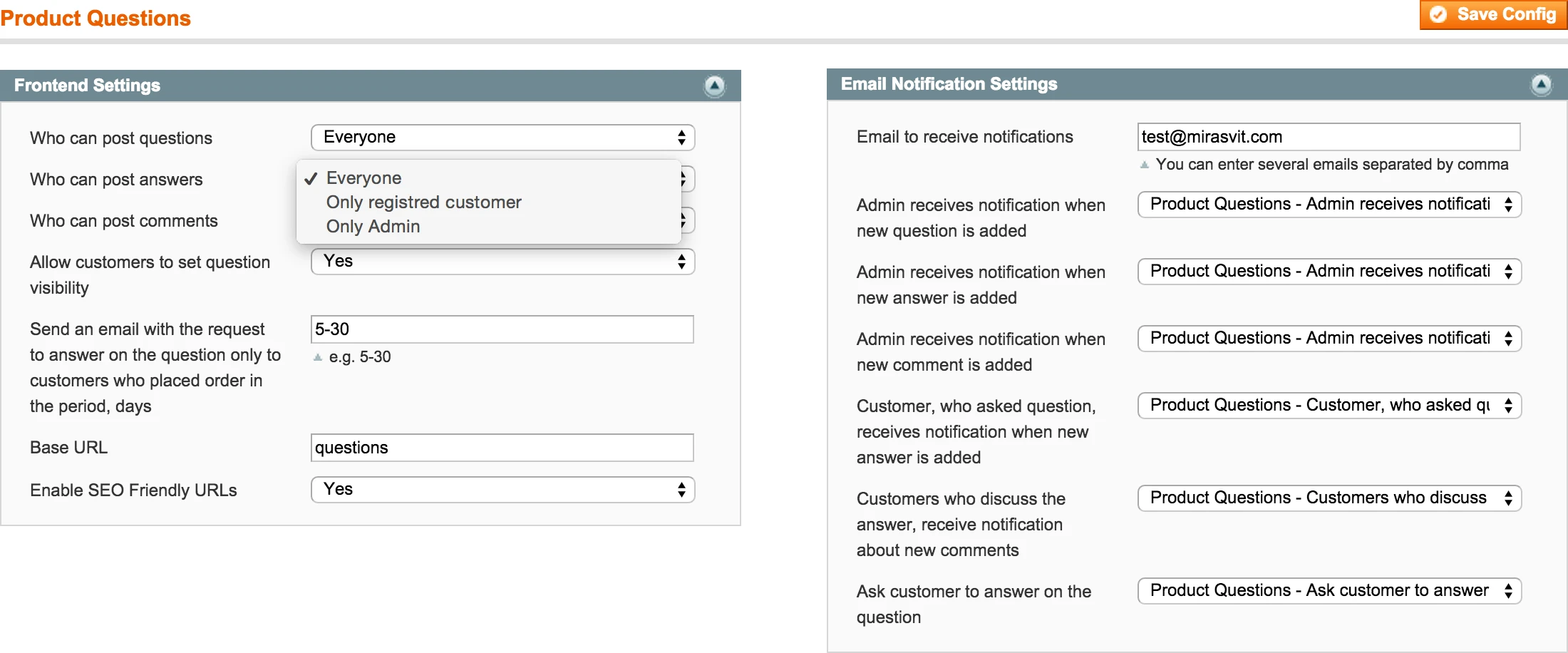 Product Questions Backend - General Configuration Product Questions Backend - General Configuration