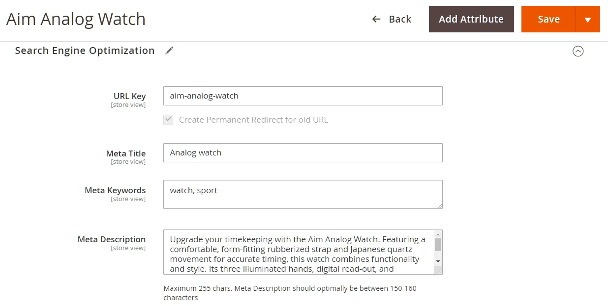 Product meta data fields in the Magento admin before optimization