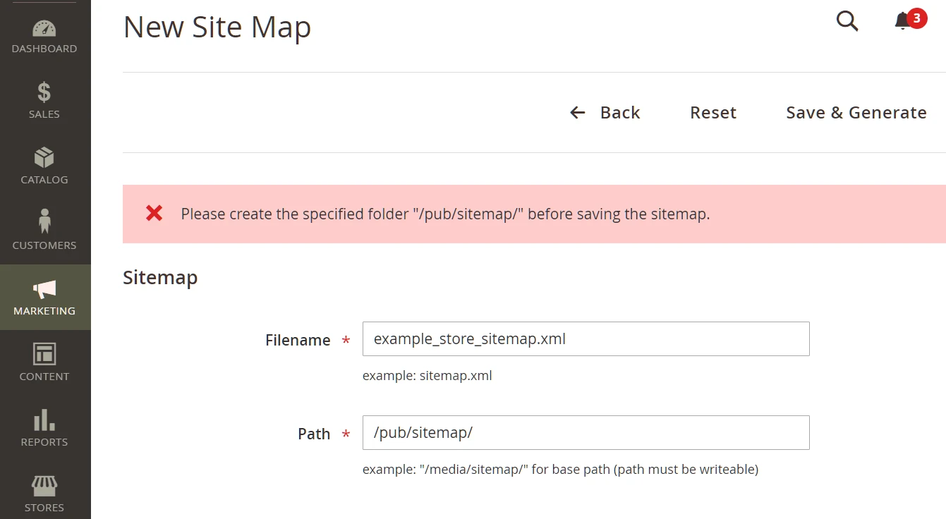 A red pop-up message appears above the sitemap creation tab