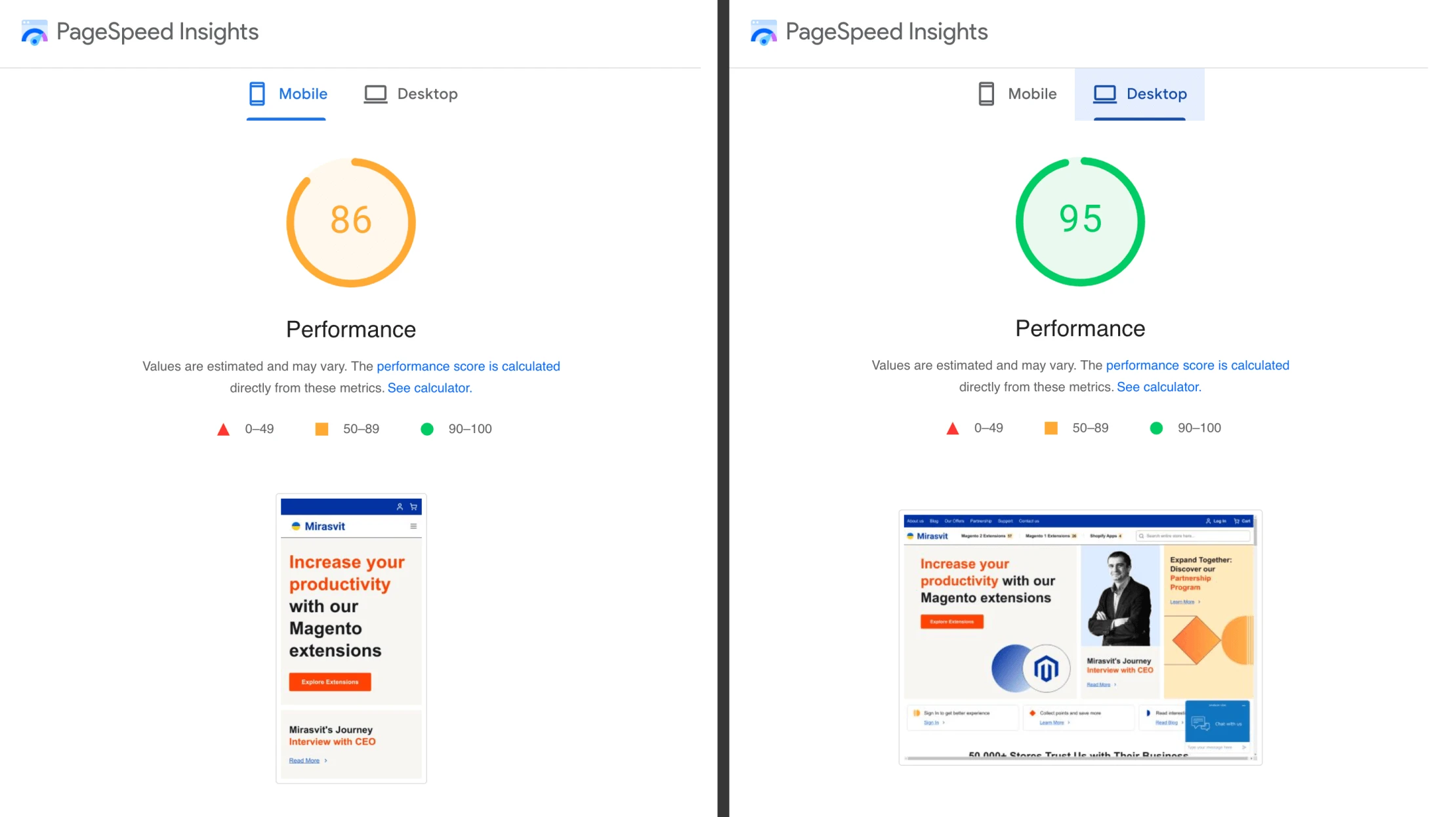 Compare Google Page Speed Results