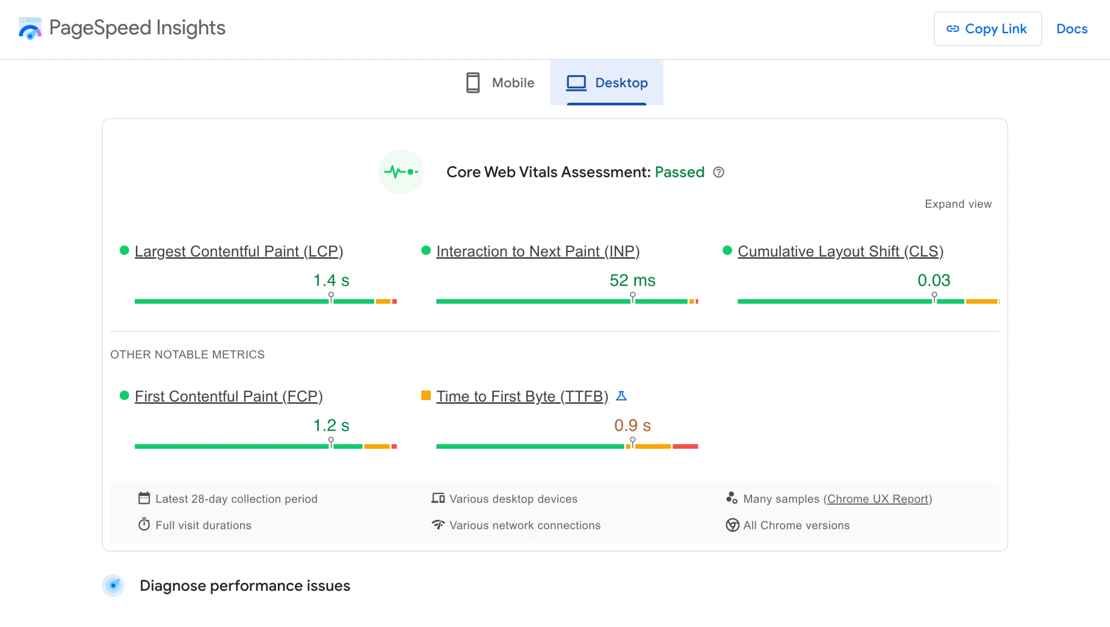 Google PageSpeed Metrics Results