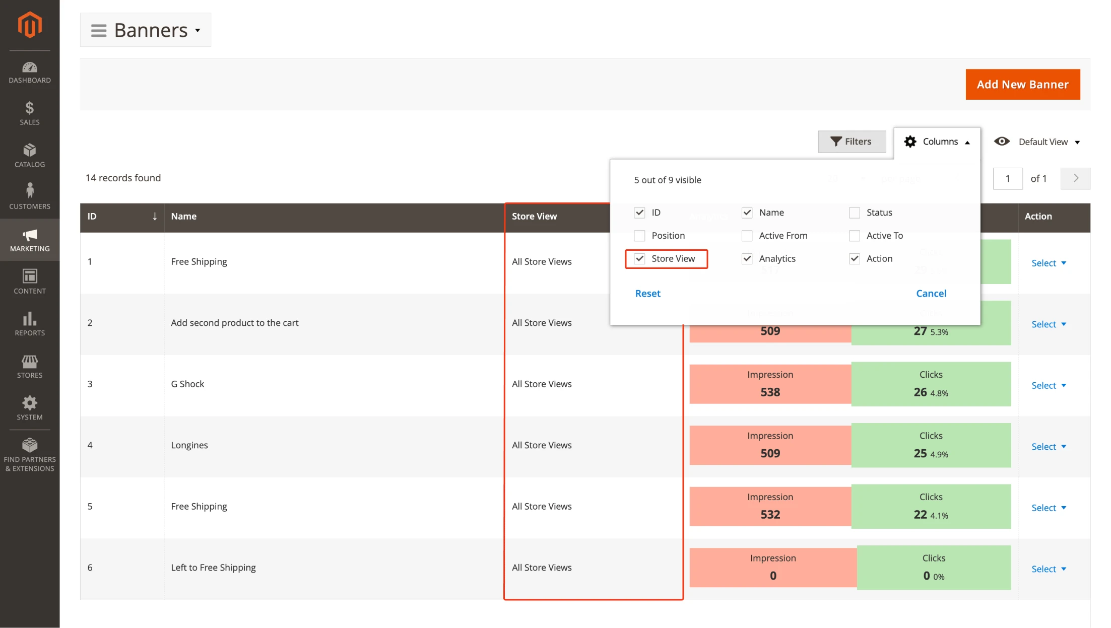 Store View Column in Banners Grid 