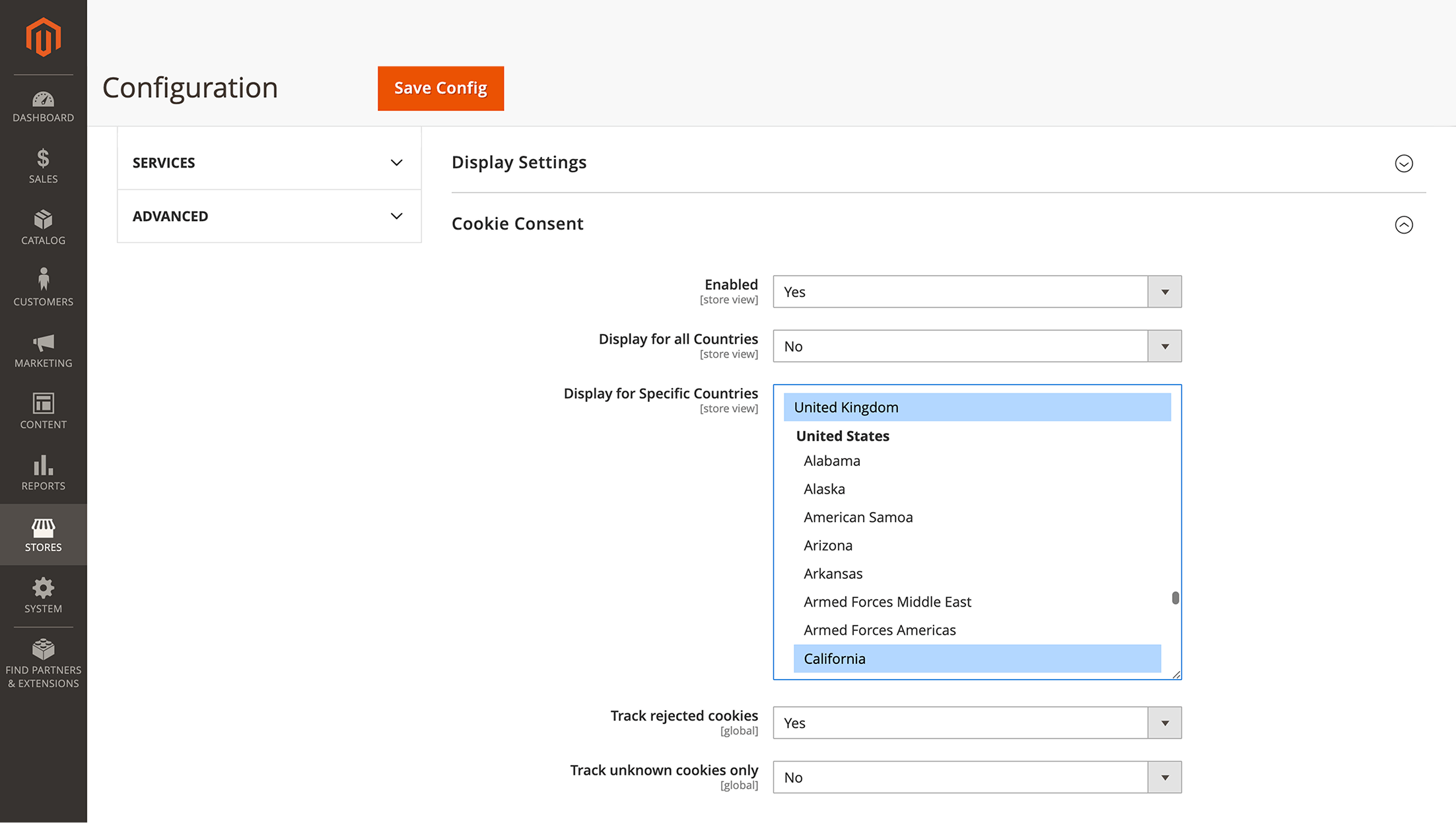 Choose countries in cookie consent settings