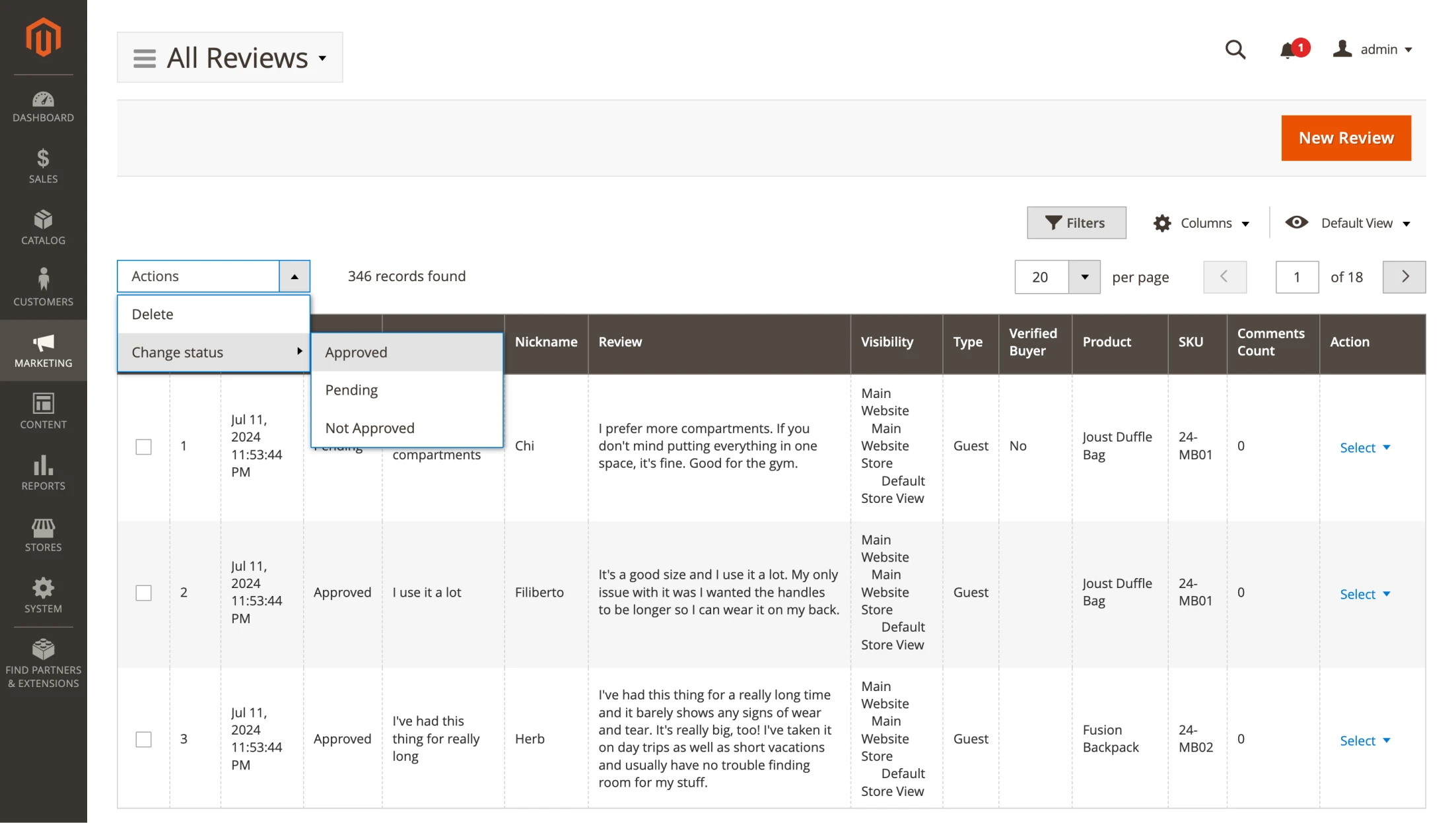 Bulk review management in the reviews grid