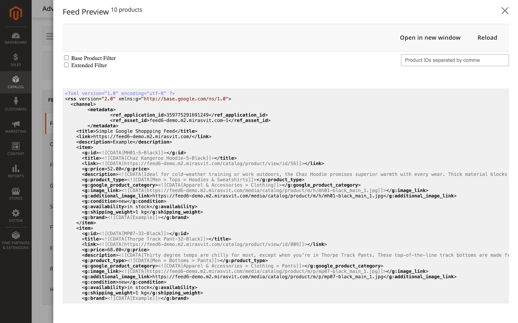 Filter support in product feed preview