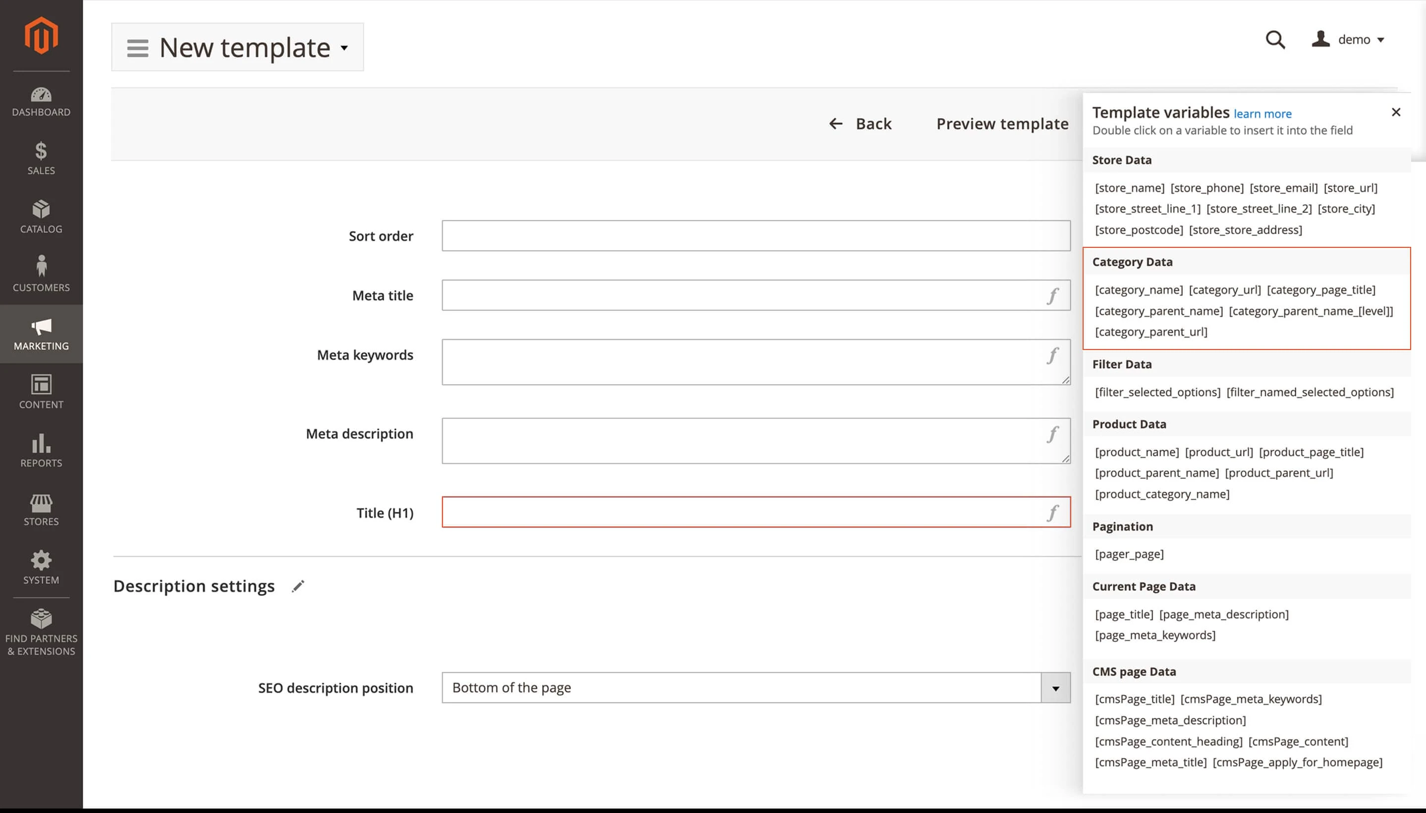 Variables for creating a category template