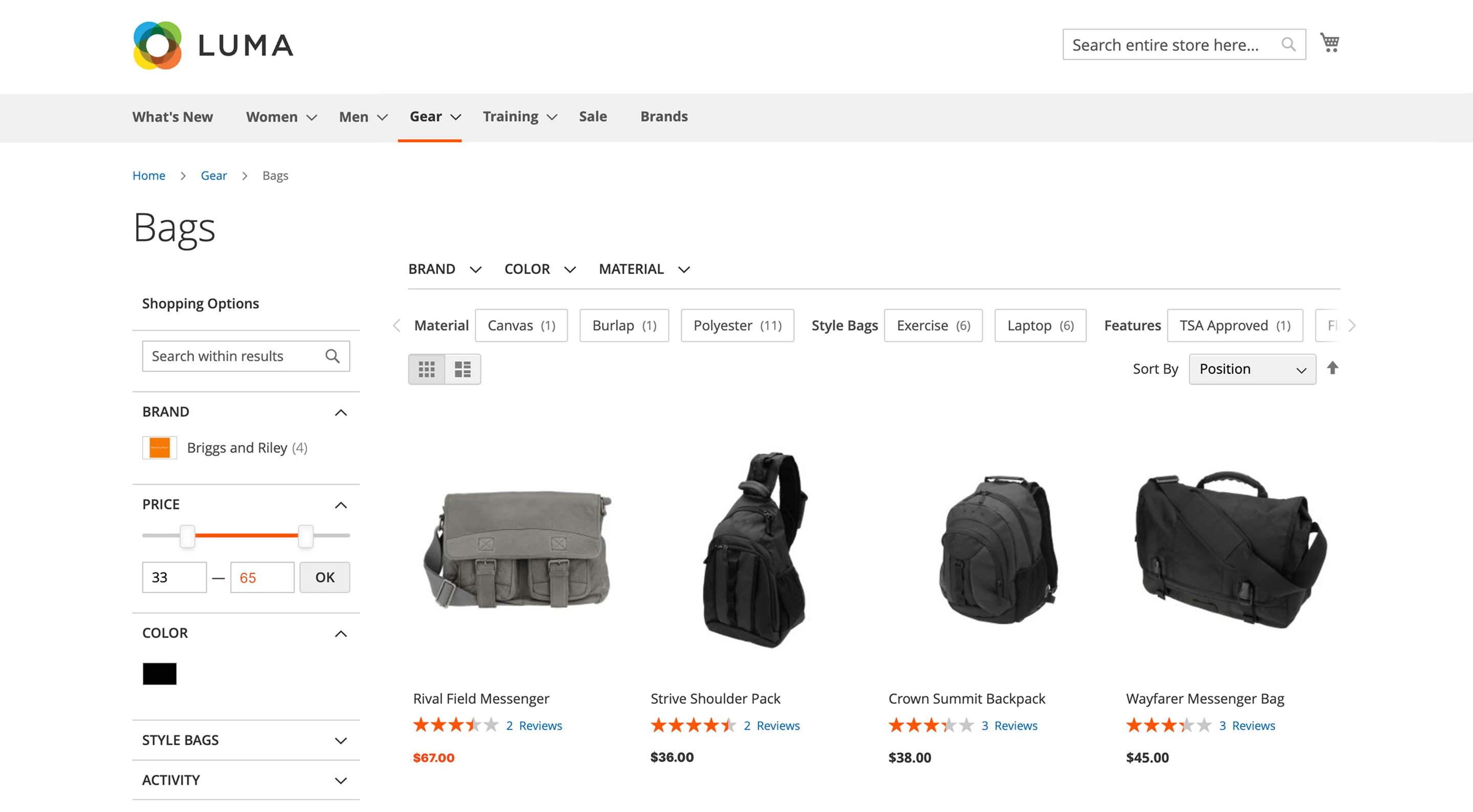 Price filter values include tax