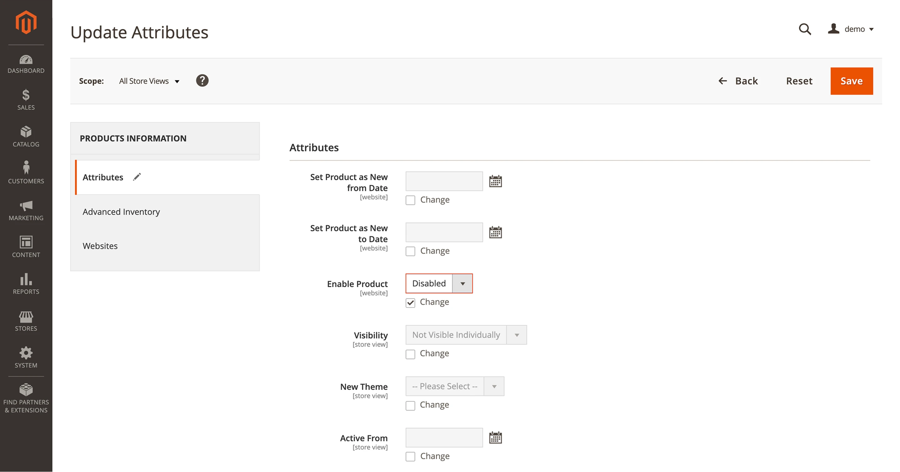 Magento 2 mass product update attributes page