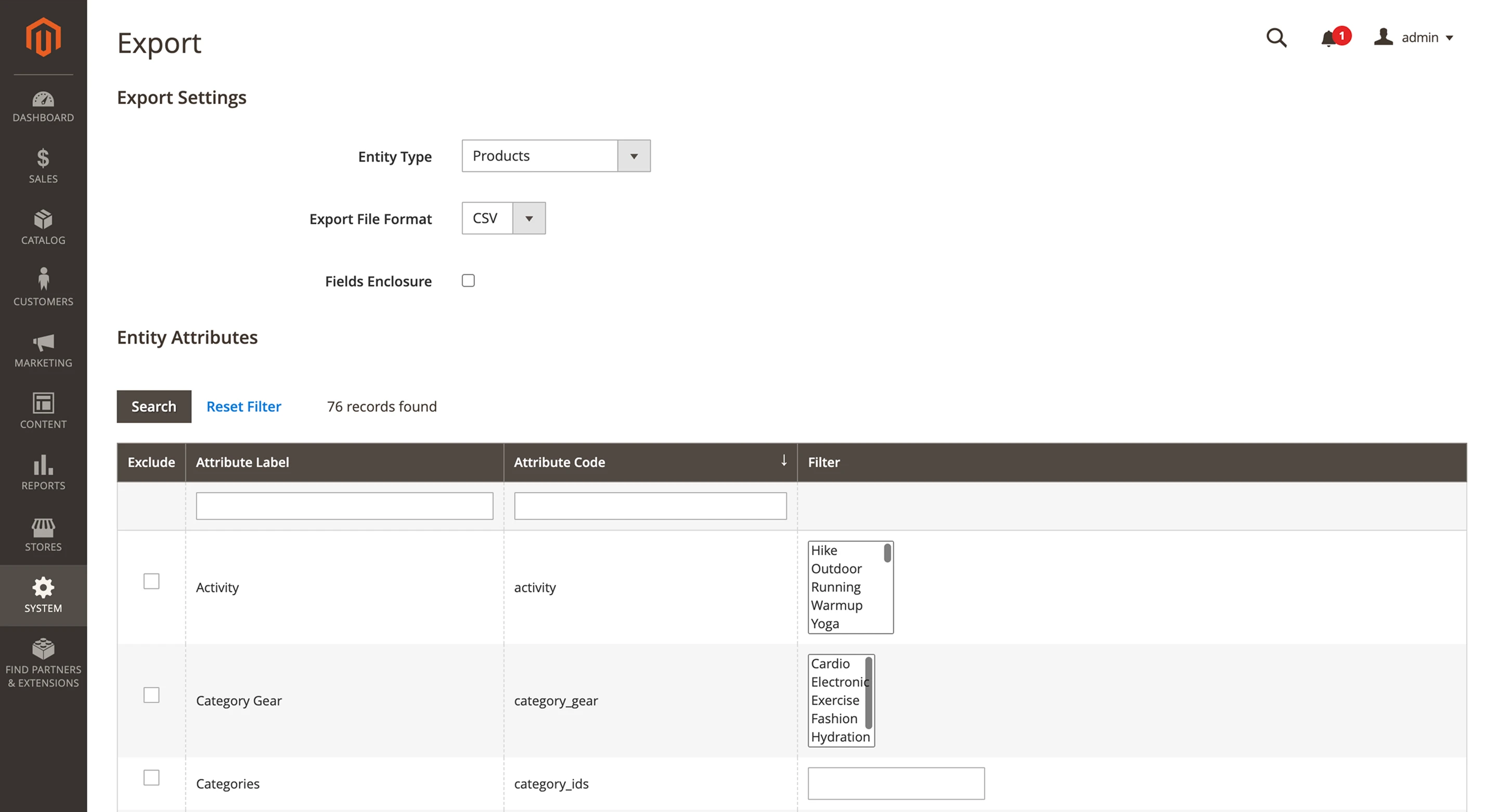 Magento 2 mass product update export settings page