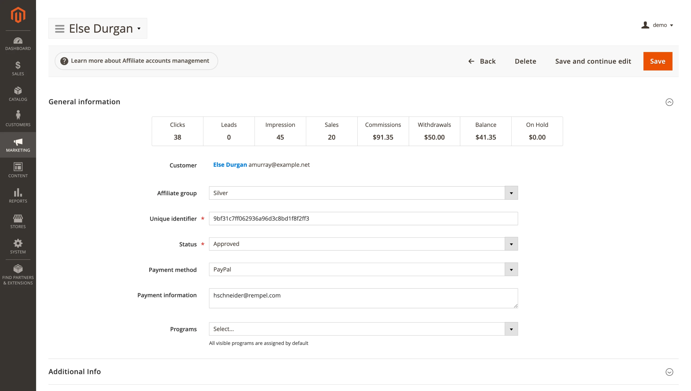 Affiliate balance and On Hold columns
