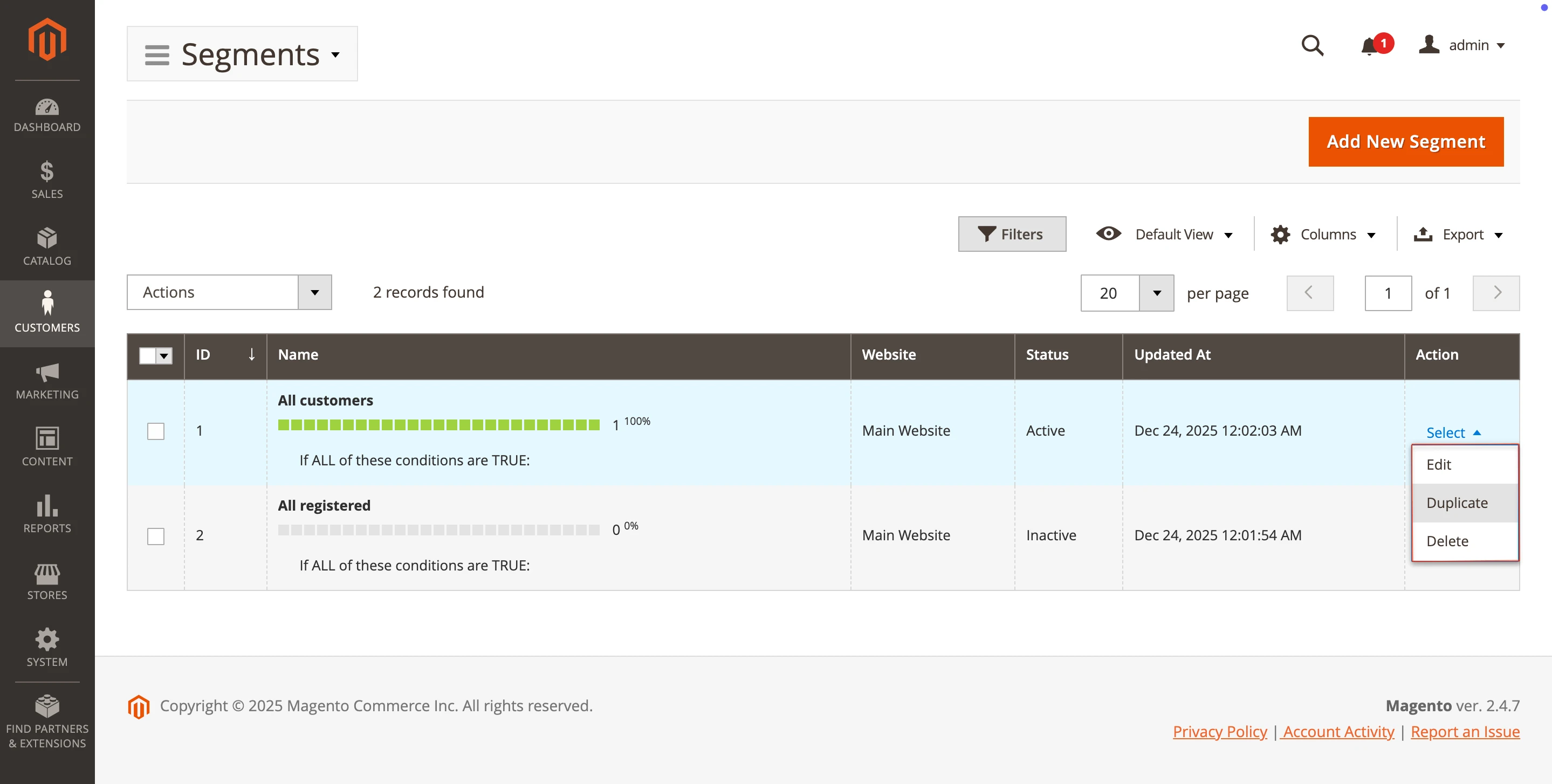 One-click customer segment duplication