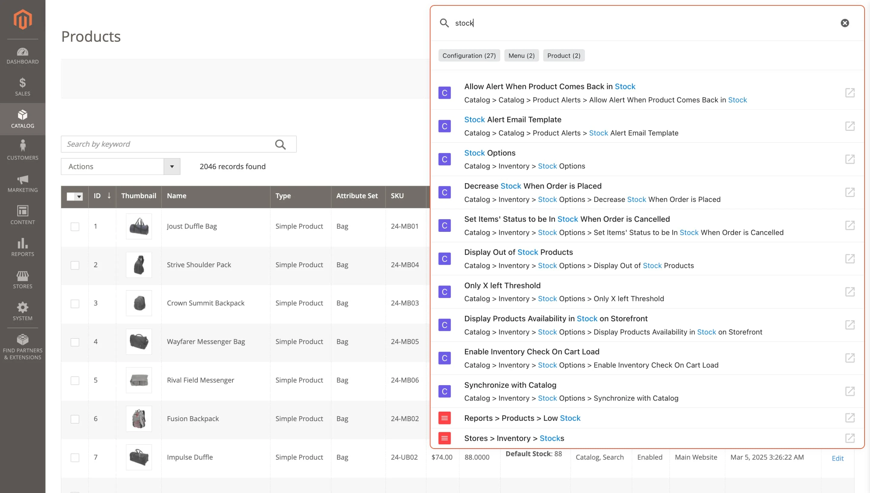 System configuration search in admin search