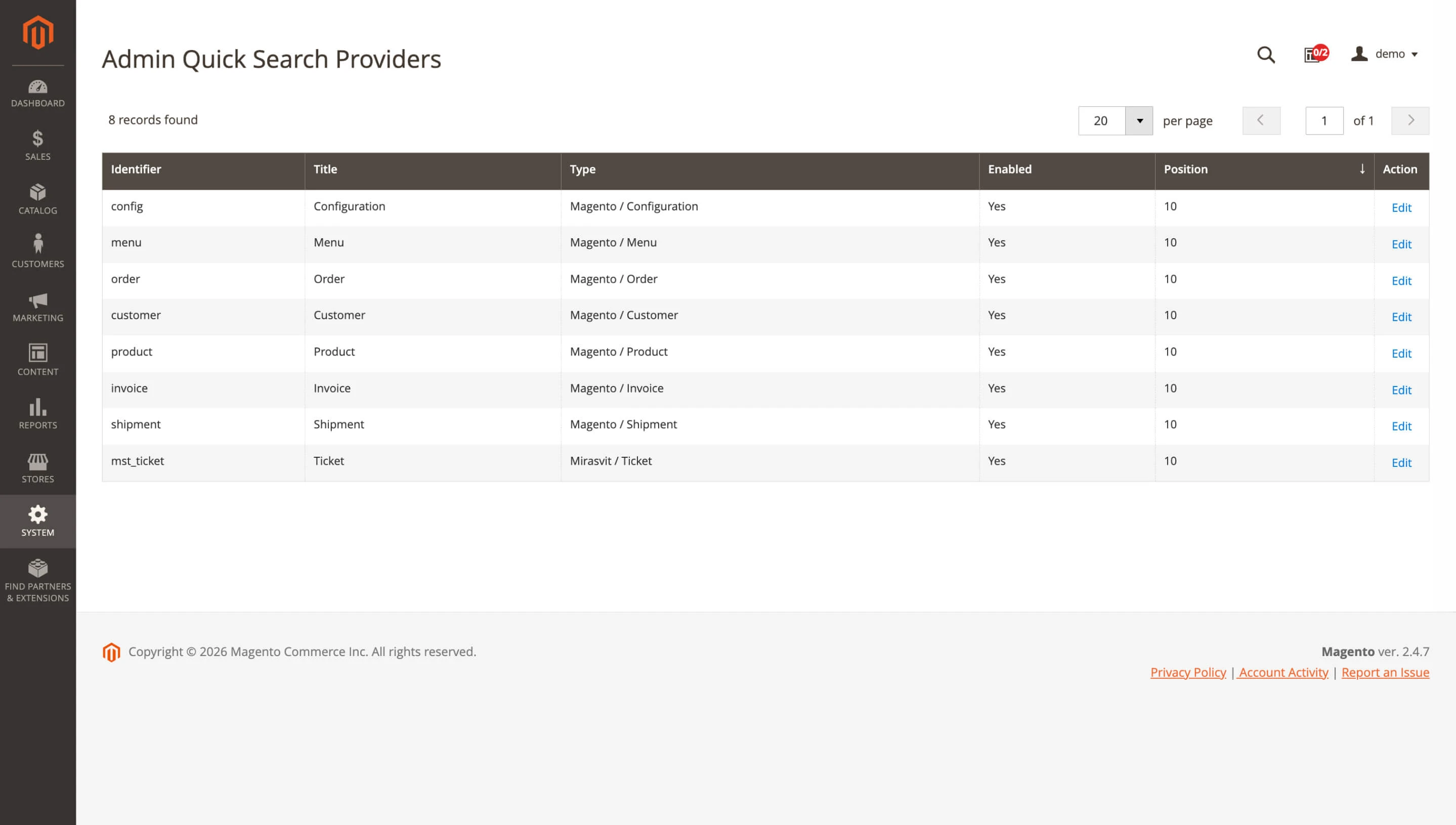 Quick Search provider settings page 