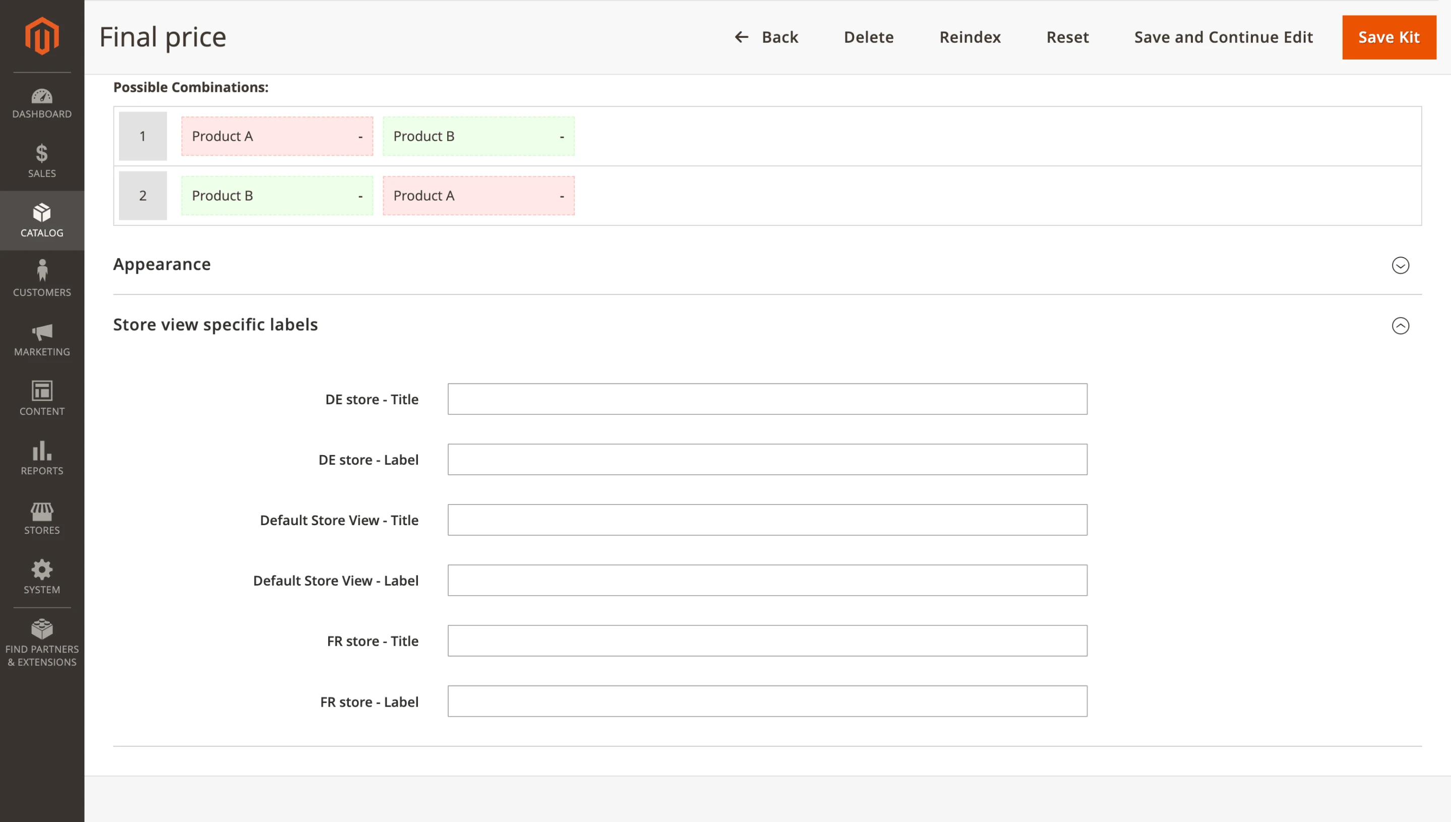Store-view kit titles and discount labels