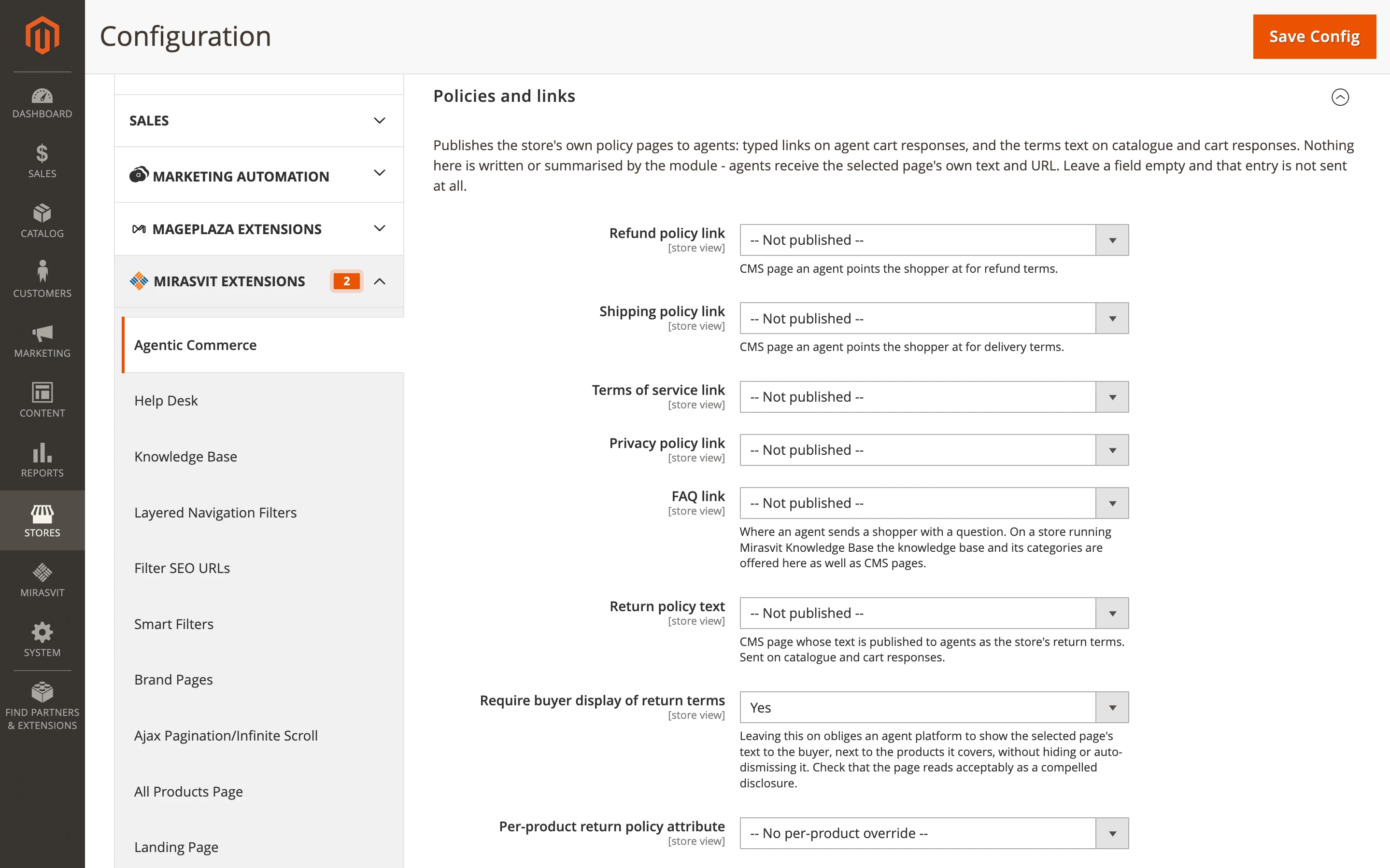 Policies and Links in Mirasvit Agentic Commerce