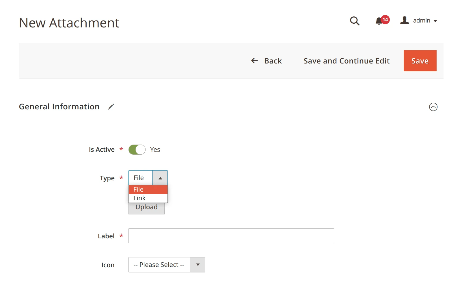 Choosing between a file or a URL attachment in Mirasvit Product Attachment Magento 2 extension