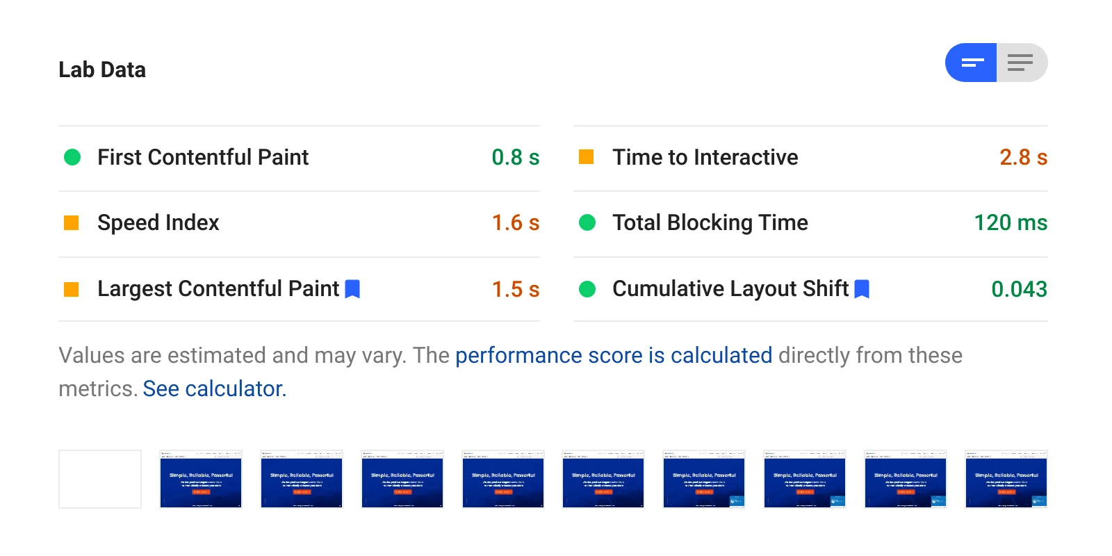Lab Data section in Google PageSpeed Insights