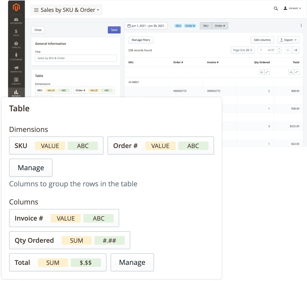 Report builder in Mirasvit Advanced Reports Magento 2 extension