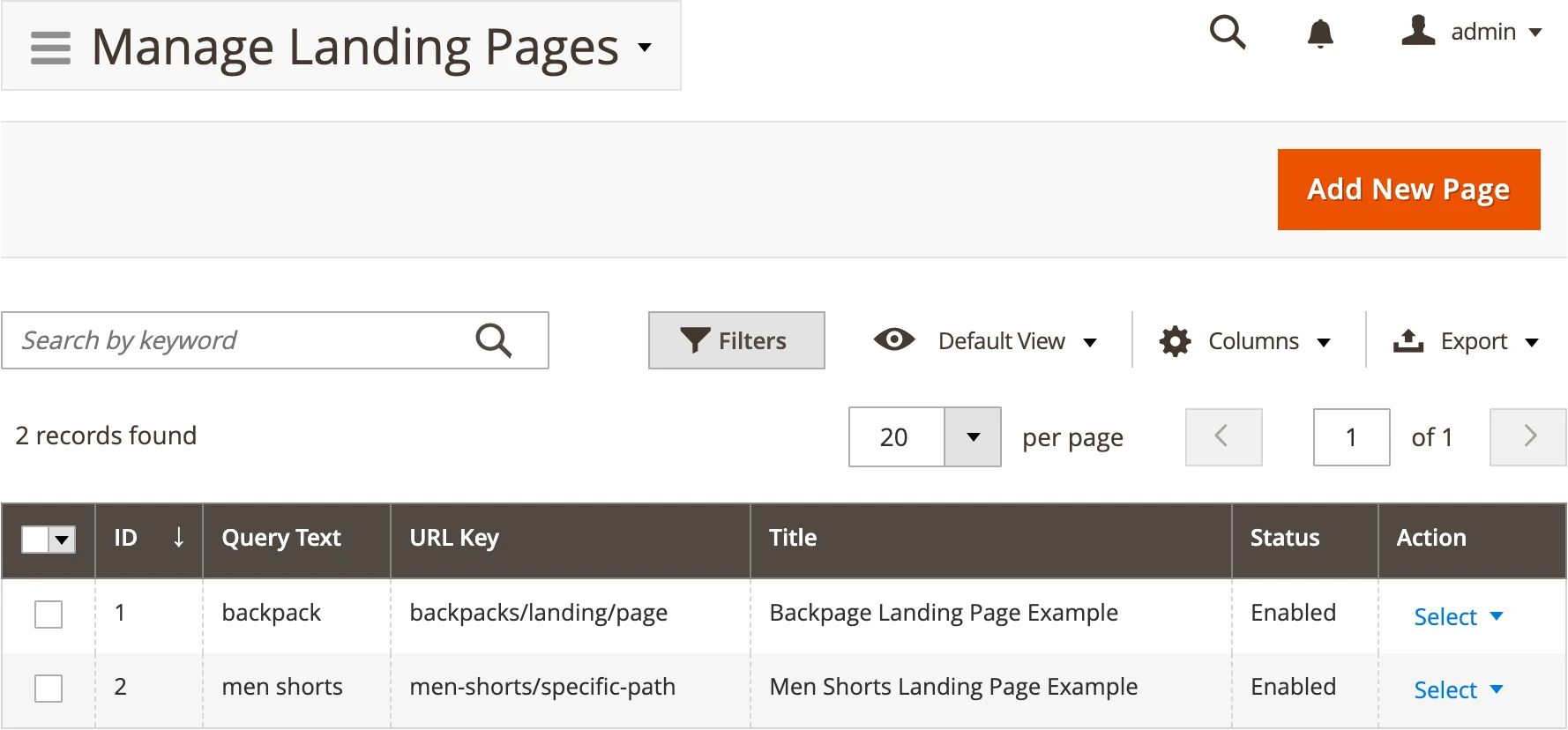 Search landing page