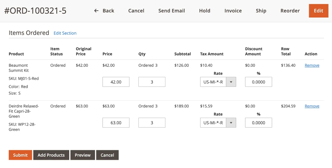 edit items ordered