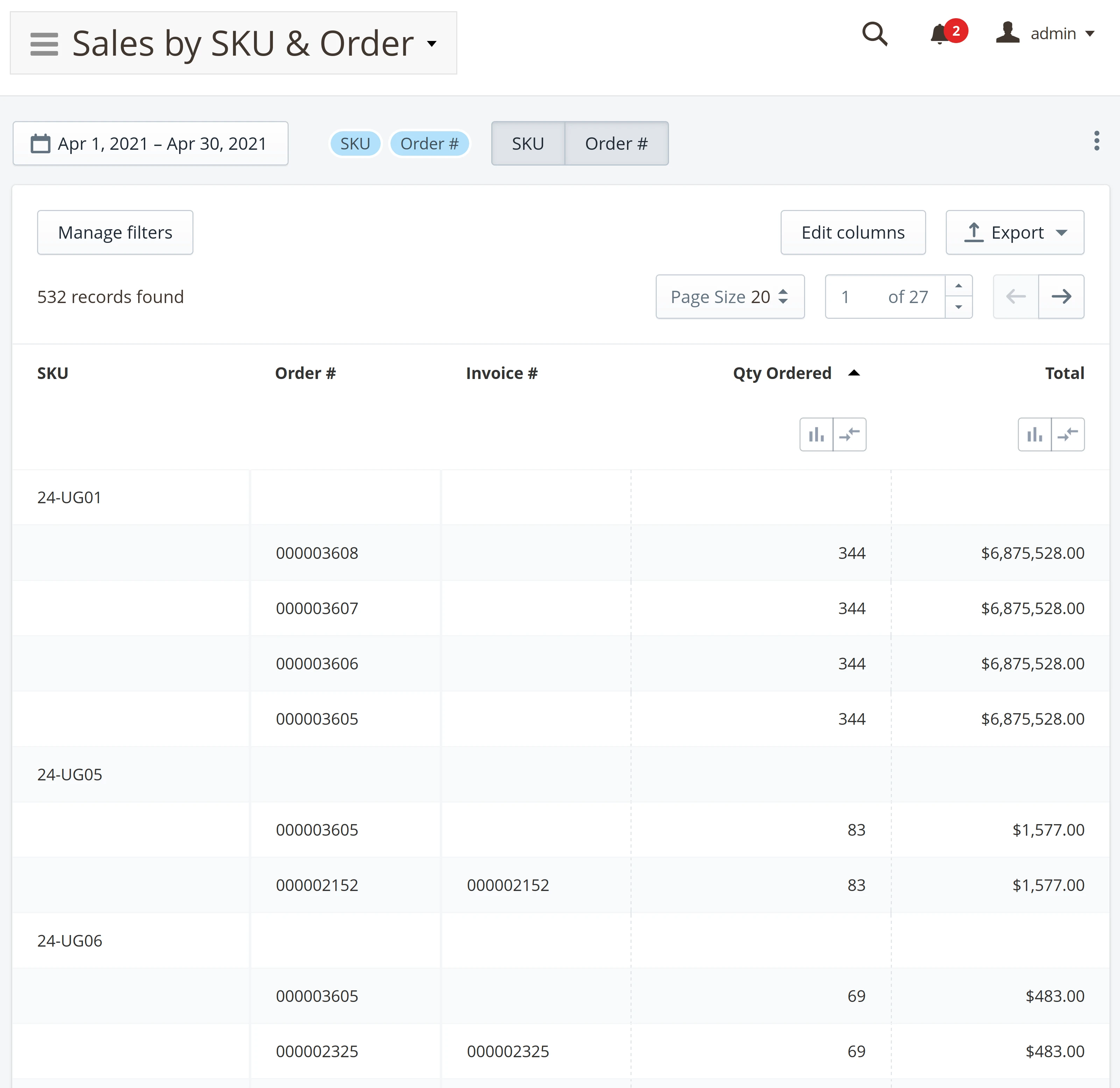 Custom report that displays sales by the SKU and the order number in Mirasvit Advanced Reports Magento 2 module